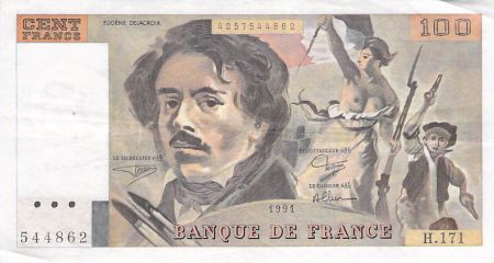 France 100 Francs Delacroix - 1991 Série H.171 - Grand filigrane - PTTB