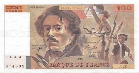 France 100 Francs Delacroix - 1991 Série J.205 - TTB
