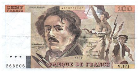 France 100 Francs Delacroix - 1991 Série V.171 - Petit Filigrane - TTB