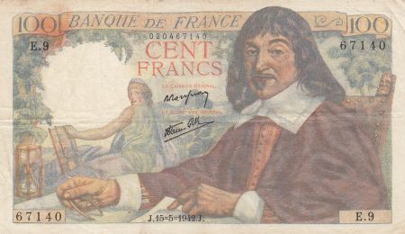 France 100 Francs Descartes - 15-05-1942 Série E.9 - TB+