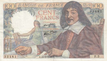 France 100 Francs Descartes - 15-05-1942 Série F.5 - TTB