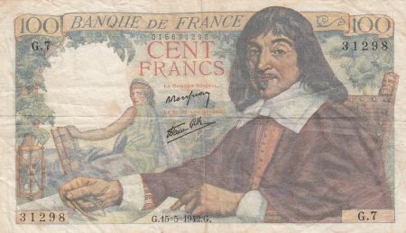 France 100 Francs Descartes - 15-05-1942 Série G.7 - TTB