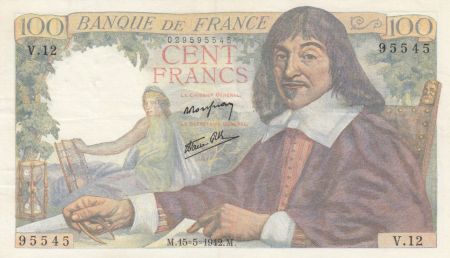 France 100 Francs Descartes - 15-05-1942 Série V.12 - TTB+