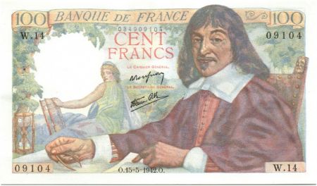 France 100 Francs Descartes - 15-05-1942 Série W.14-09104