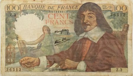 France 100 Francs Descartes - 15-05-1942 Série Z.3 - TB
