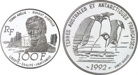 France 100 Francs Dumont d\'Urville - 1992 - Terres Australes et Antartiques Françaises - Belle Epreuve - Argent - Sans certifica