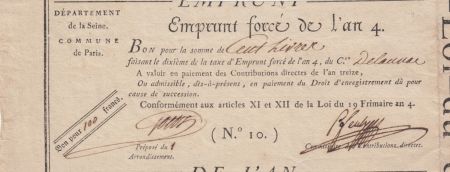 France 100 Francs Emprunt Forcé - An 4 (1796) - Paris