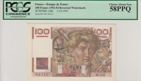 France 100 Francs Jeune Paysan - 02/10/1952 - Filigrane inversé - PCGS AU58 PPQ