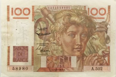 France 100 Francs Jeune Paysan - Filigrane inversé - 02-10-1952 - Série A.502 - TTB