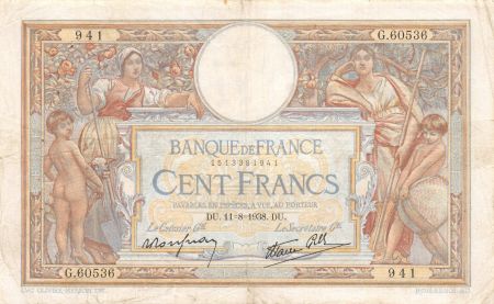 France 100 Francs Luc Olivier Merson - 11-08-1938 Série G.60536 - TTB