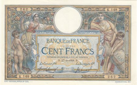 France 100 Francs Luc Olivier Merson - 27-03-1908 Série K.148