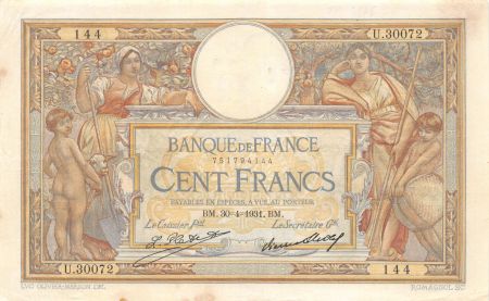 France 100 Francs Luc Olivier Merson - 30-04-1931 Série U.30072 - TTB
