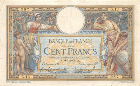 France 100 Francs Luc Olivier Merson - avec LOM - 09-01-1908 Série G.13 - TB