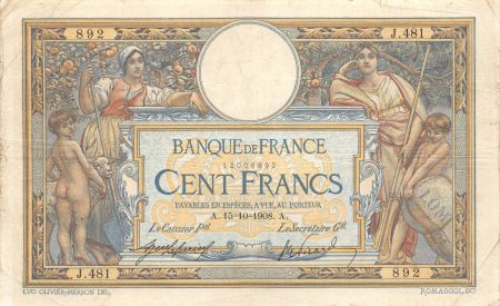 France 100 Francs Luc Olivier Merson - avec LOM - 15-10-1908 Série J.481 - TB+