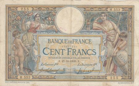 France 100 Francs Luc Olivier Merson - avec LOM - 1908 Série H.553
