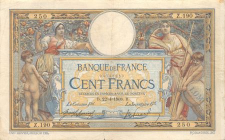France 100 Francs Luc Olivier Merson - avec LOM - 22-04-1908 Série Z.190 - TB