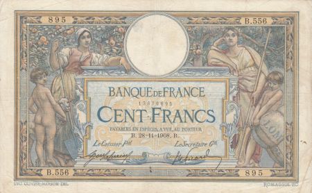 France 100 Francs Luc Olivier Merson - avec LOM 28-11-1908 - Série B.556 - TB+