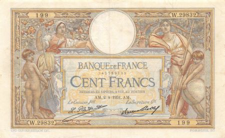 France 100 Francs Luc Olivier Merson - Grands Cartouches - 02-04-1931 Série W.29832 - TTB