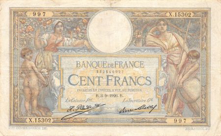 France 100 Francs Luc Olivier Merson - Grands Cartouches - 03-09-1926 Série X.15302 - TTB