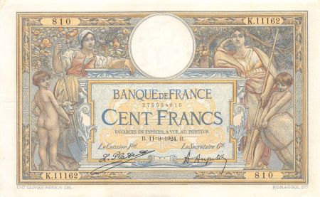 France 100 Francs Luc Olivier Merson - Grands Cartouches - 11-09-1924 Série K.11162 - SUP