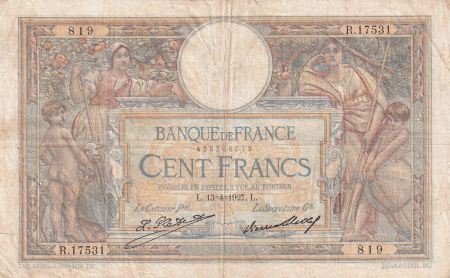 France 100 Francs Luc Olivier Merson - Grands Cartouches - 13-04-1927 Série R.17531 - PTTB