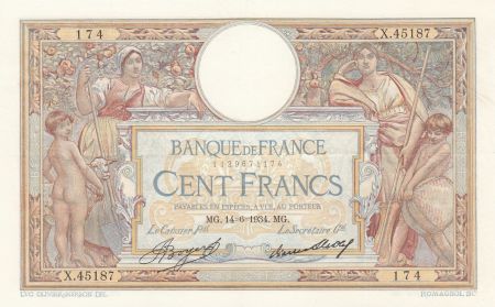 France 100 Francs Luc Olivier Merson - Grands Cartouches - 14-06-1934 Série X.45187