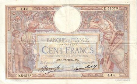 France 100 Francs Luc Olivier Merson - Grands Cartouches - 17-06-1937 Série D.54578