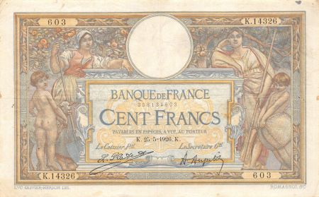 France 100 Francs Luc Olivier Merson - Grands Cartouches - 25-05-1926 Série K.14326 - TTB