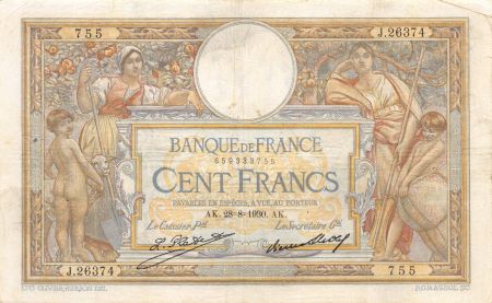 France 100 Francs Luc Olivier Merson - Grands Cartouches - 28-08-1930 Série J.26374 - TTB