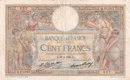France 100 Francs Luc Olivier Merson - Grands Cartouches -26-04-1928 - Série Q.21285 - TTB