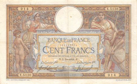 France 100 Francs Luc Olivier Merson - sans LOM - 01-10-1918 Série X.5138 - TTB
