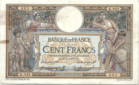 France 100 Francs Luc Olivier Merson - sans LOM - 02-06-1909 Série K.842 - TB