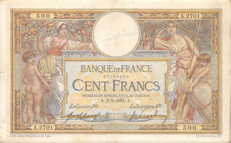 France 100 Francs Luc Olivier Merson - sans LOM - 03-03-1915 Série A.2701 - TTB