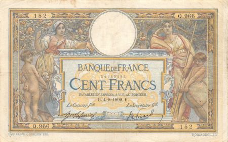 France 100 Francs Luc Olivier Merson - sans LOM - 04-08-1909 Série Q.966 - TB+