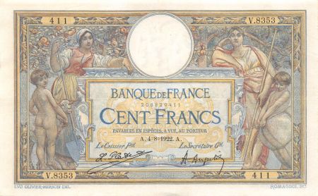 France 100 Francs Luc Olivier Merson - sans LOM - 04-08-1922 Série V.8353 - TTB