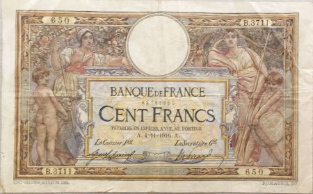 France 100 Francs Luc Olivier Merson - sans LOM - 04-11-1916 Série B.3711 - TTB