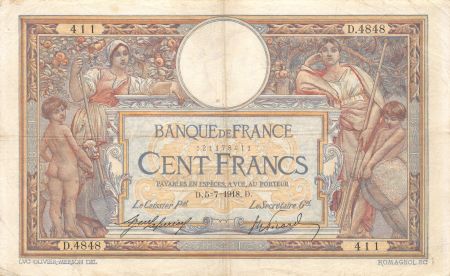 France 100 Francs Luc Olivier Merson - sans LOM - 05-07-1918 Série D.4848 - TTB
