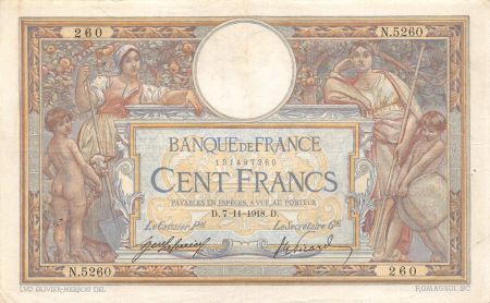 France 100 Francs Luc Olivier Merson - sans LOM - 07-11-1918 Série N.5260 - TTB