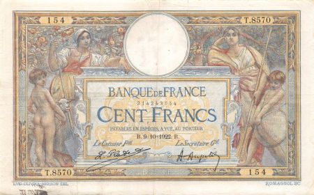 France 100 Francs Luc Olivier Merson - sans LOM - 09-10-1922 Série T.8570 - TTB