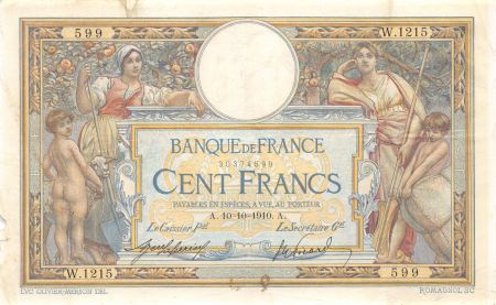 France 100 Francs Luc Olivier Merson - sans LOM - 10-10-1910 Série W.1215 - TB