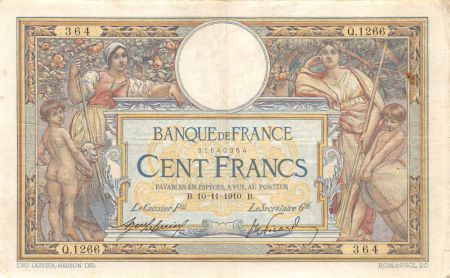 France 100 Francs Luc Olivier Merson - sans LOM - 10-11-1910 Série Q.1266 - TTB