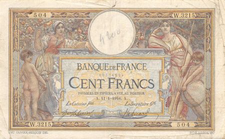 France 100 Francs Luc Olivier Merson - sans LOM - 11-01-1916 Série W.3215 - TB
