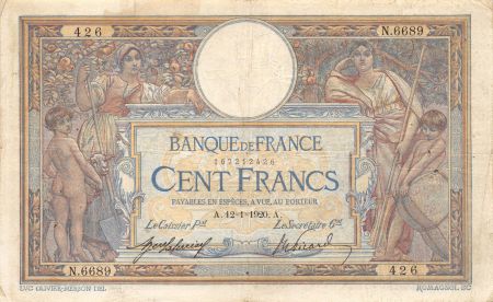 France 100 Francs Luc Olivier Merson - sans LOM - 12-01-1920 Série N.6689 - TB