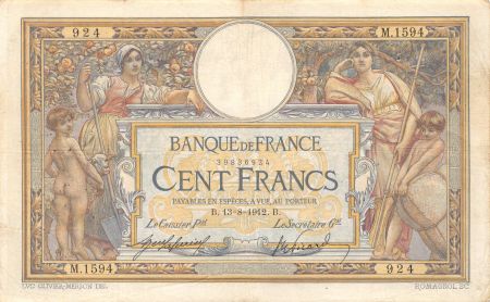 France 100 Francs Luc Olivier Merson - sans LOM - 13-08-1912 Série M.1594 - TTB
