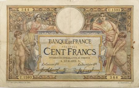 France 100 Francs Luc Olivier Merson - sans LOM - 13-08-1912 Série U.1593 - TB