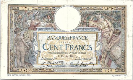 France 100 Francs Luc Olivier Merson - sans LOM - 15-12-1922 Série A.8794 - TTB