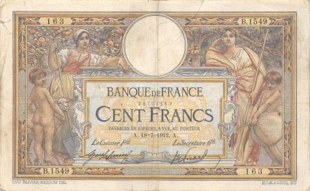 France 100 Francs Luc Olivier Merson - sans LOM - 18-07-1912 Série B.1549 - TB