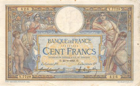 France 100 Francs Luc Olivier Merson - sans LOM - 20-06-1921 Série Y.7728 - PTTB