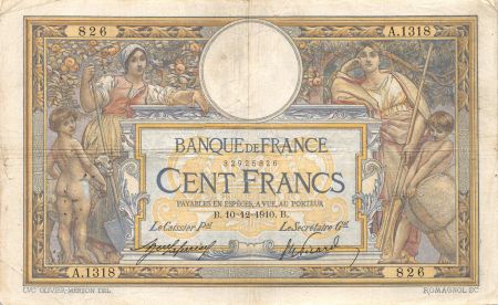France 100 Francs Luc Olivier Merson - sans LOM - 20-12-1910 Série A.1318 - TB