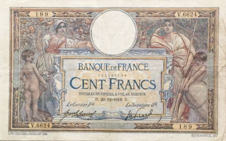 France 100 Francs Luc Olivier Merson - sans LOM - 20-12-1919 Série V.6624 - TTB